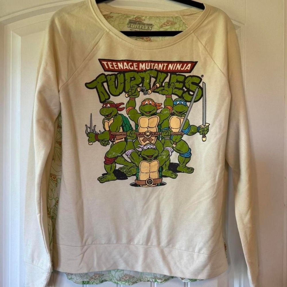 Nickelodeon TMNT Teenage Mutant Ninja Turtles Pizza Back Sweatshirt Cream Medium - Picture 1 of 5